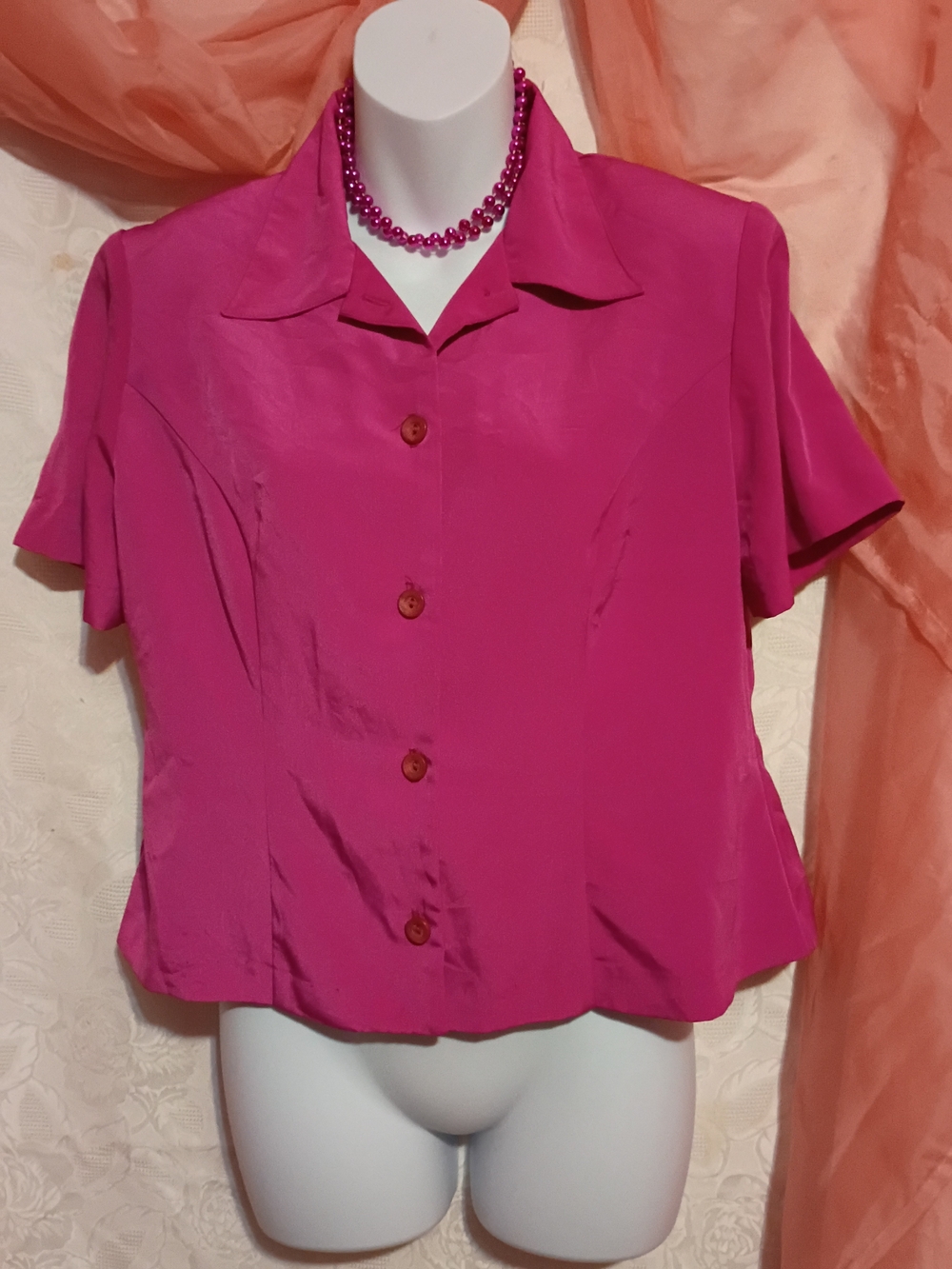 Willow Ridge Ladies Satin Hot Pink Short-Sleeve Button-Front Blouse Sz 8P